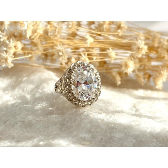 Gorgeous XL Sterling Silver Oval Cubic Zirconia Ornate Vintage Ring - sz 8.25 - Picture 10 of 10